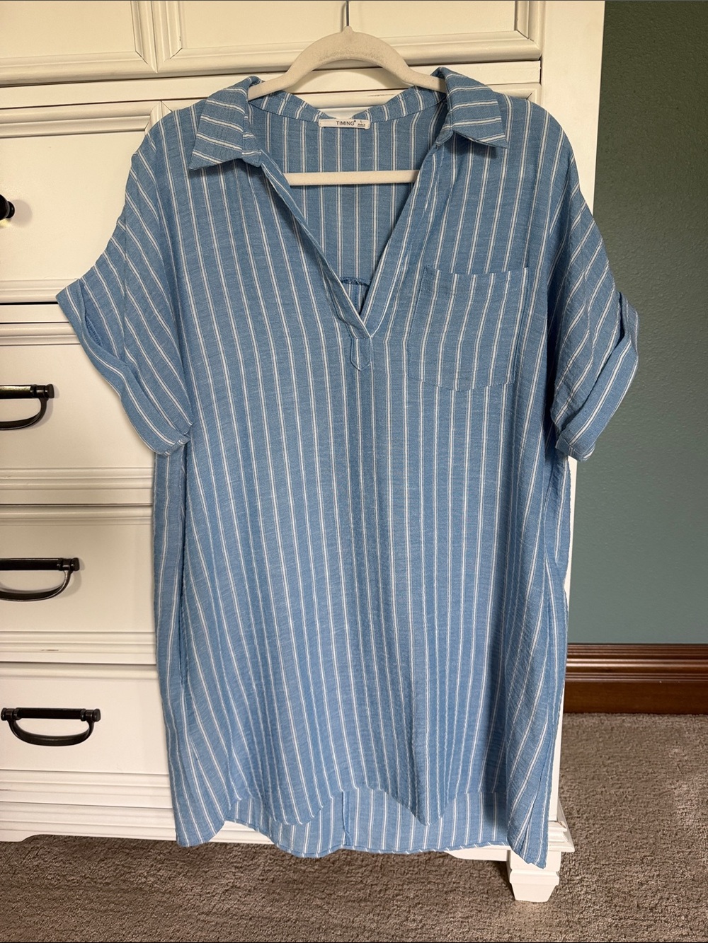 Blue Striped Collared V-Neck Tunic Dress